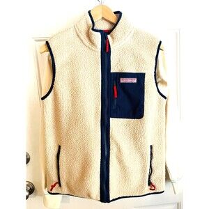 Vineyard Vines Sweater Vest Boys Size XL (18) Navy Beige Sherpa Fleece Puffer